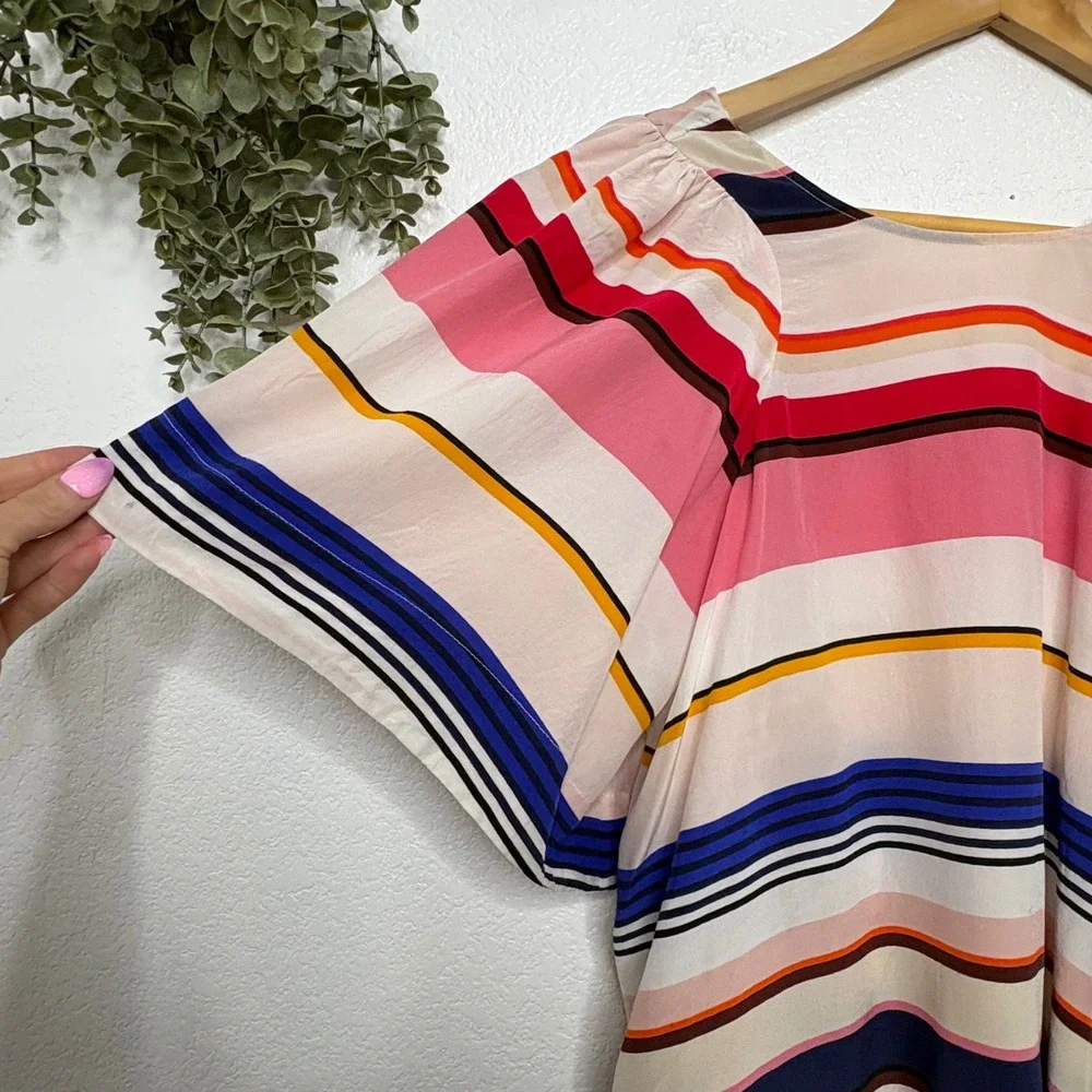 Kate Spade New York 100% Silk Striped Flutter Sleeve Square Neck Blouse Pink